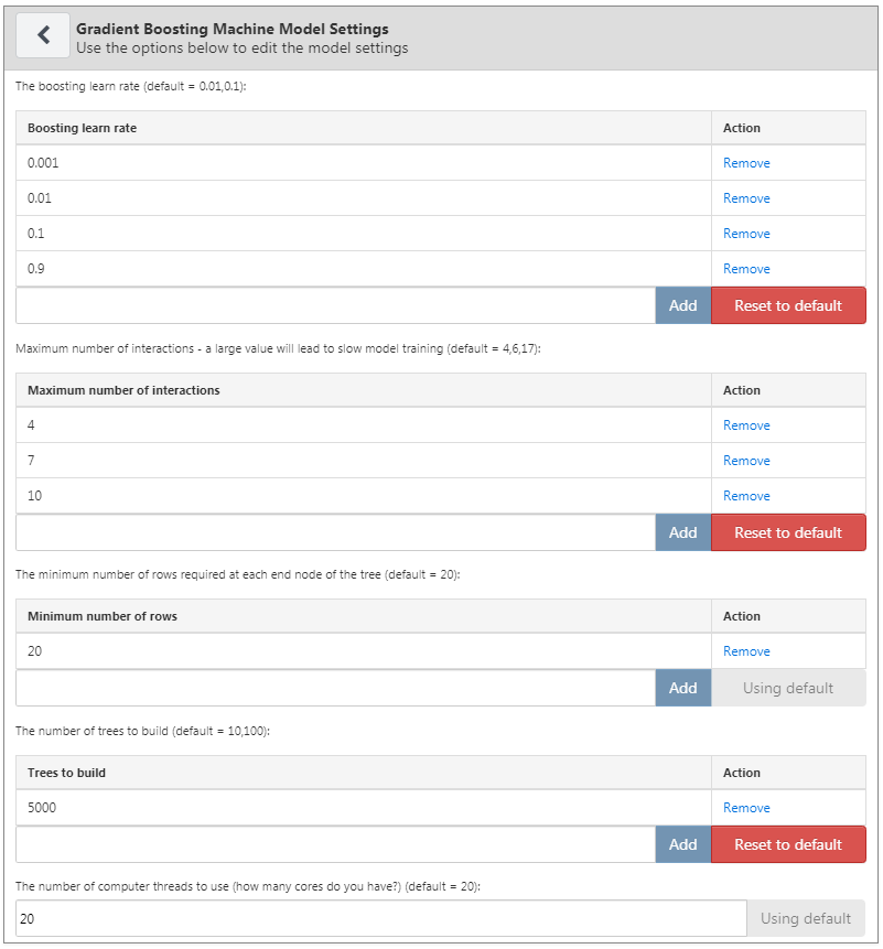 Paramètres des gradient boosting machines.